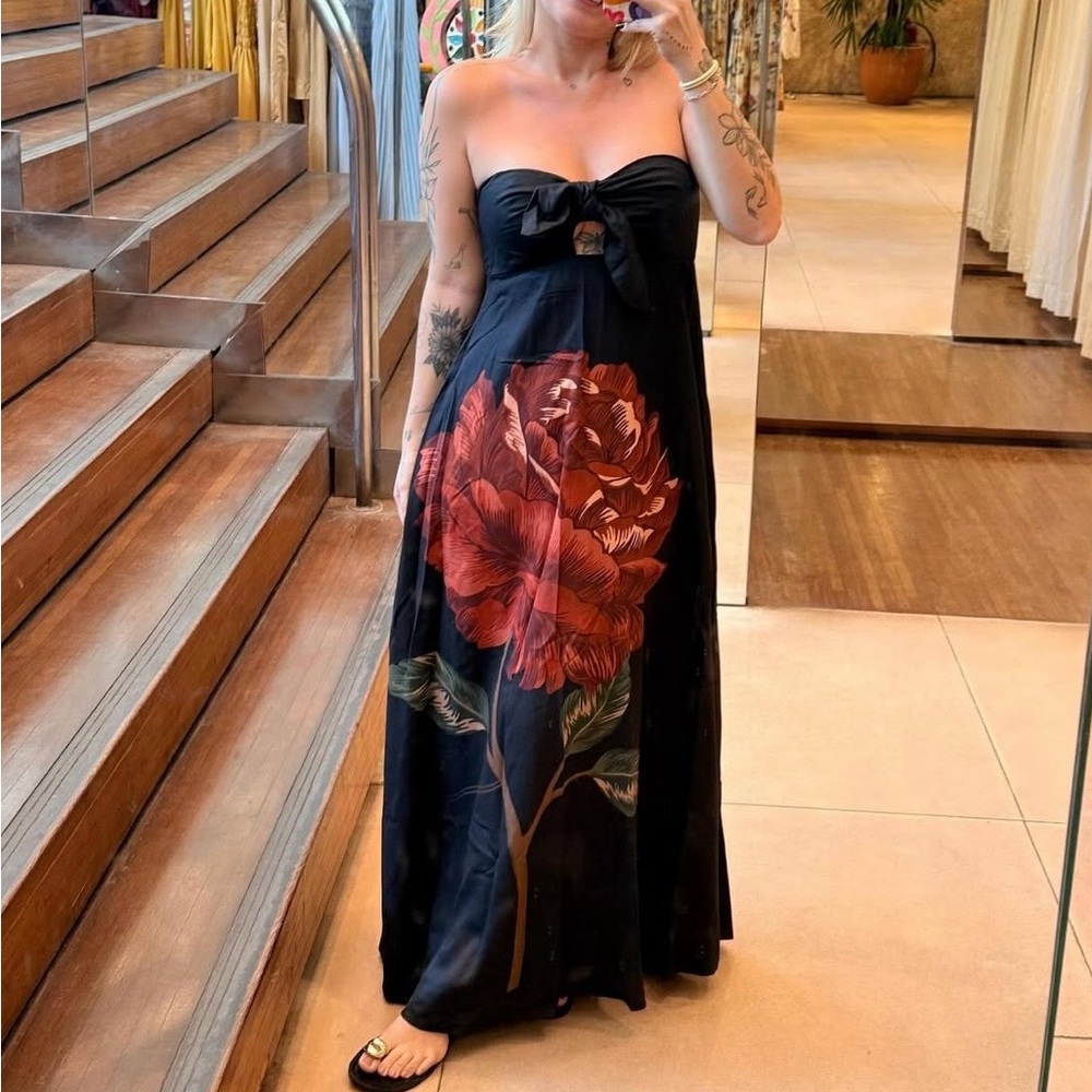 SOLD - FARM Rio Black Strapless Dress with Red Floral Design Size M - Picture 4 of 10